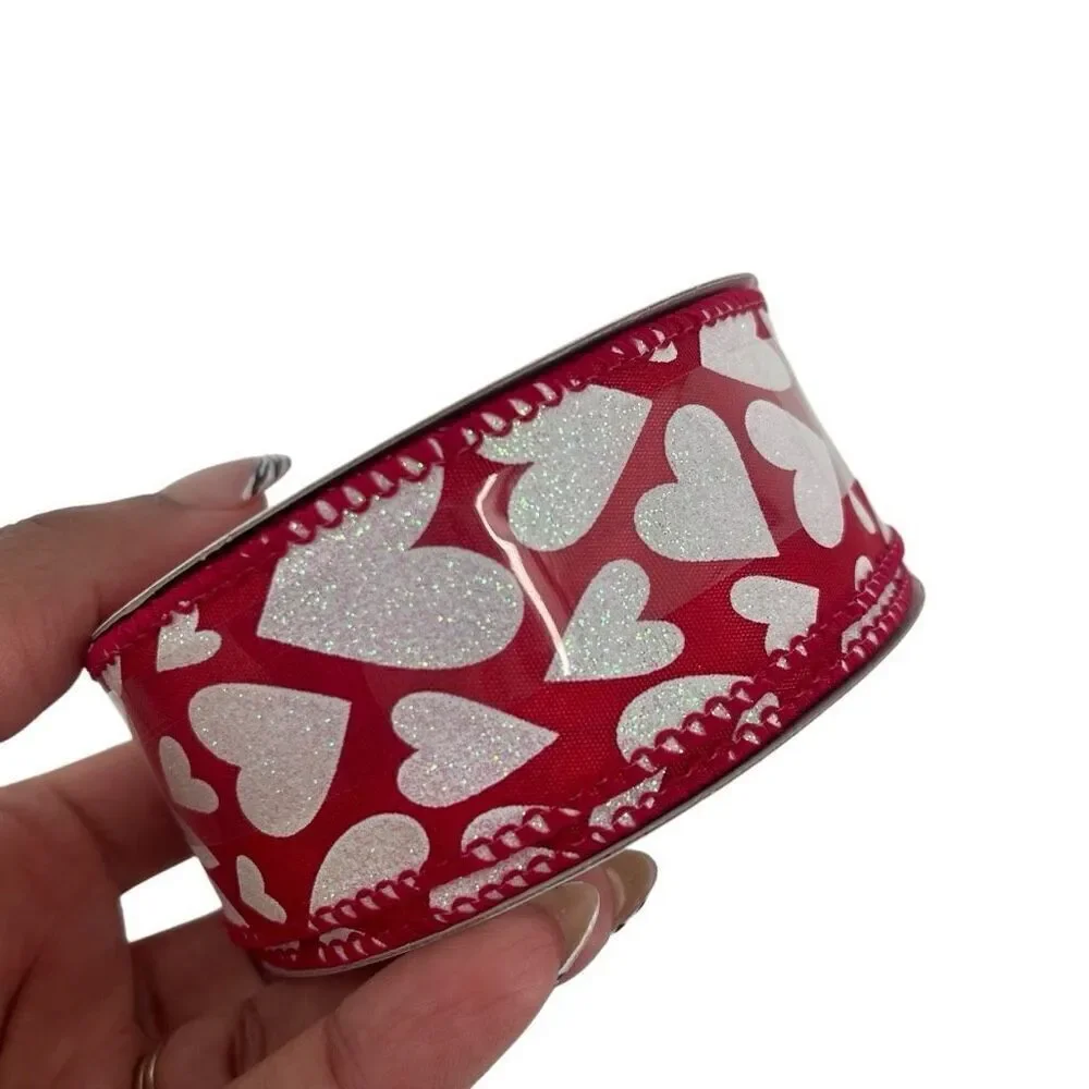 Celebrate It Valentine’s Day Red White Glitter Hearts Wired Ribbon 1.5” Wide
